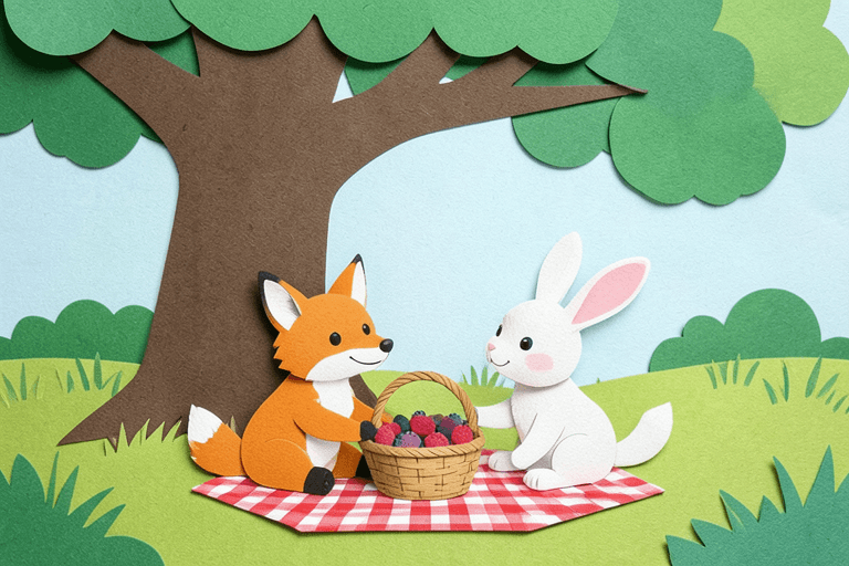 איור בסגנון גזרי נייר של שועל וארנב בפיקניק